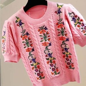 Modern Millie Pink Embroidered Short Puff Sleeve Cable Knit Sweater